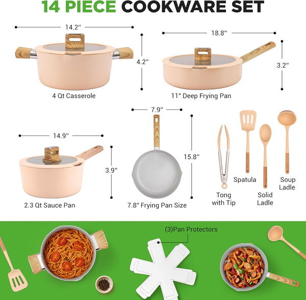 Ceramic Cookware Set with Cooking Utensils - 14-Piece Nonstick Cookware Set with Glass Lids, Compatible with All Cooktops, Heat-Resistant Handles and Stylish Finish (Pink)8