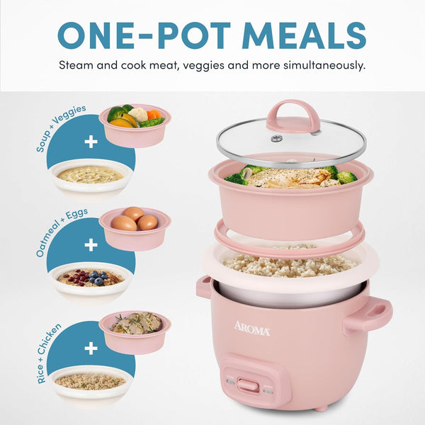 Corecoat™ Mini Rice Cooker (3 Cups Cooked) with Nonstick Ceramic Pot Coating, Glass Lid, and Pop-Up Steamer Tray, 0.8 Quart3
