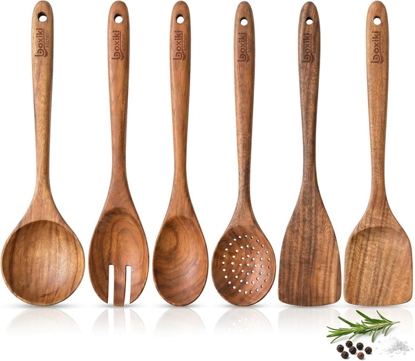Luxury Teak Wood Utensil Set - Elegant 6-Piece Cooking Ensemble Including Spoons, Server, Scraper & Spatula - Expertly Crafted for Culinary Excellence1