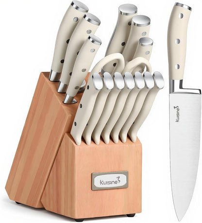 Upgraded Knife Set High Carbon Stainless Steel Ultra Sharp Blade Ergonomic Handle,Knife Block Set with Built-In Sharpener(Ivory Acacia,15Pcs)1