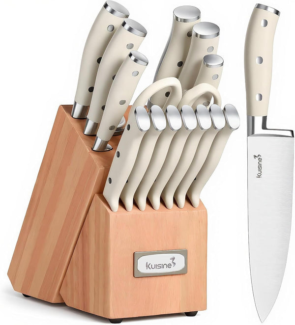 Upgraded Knife Set High Carbon Stainless Steel Ultra Sharp Blade Ergonomic Handle,Knife Block Set with Built-In Sharpener(Ivory Acacia,15Pcs)1