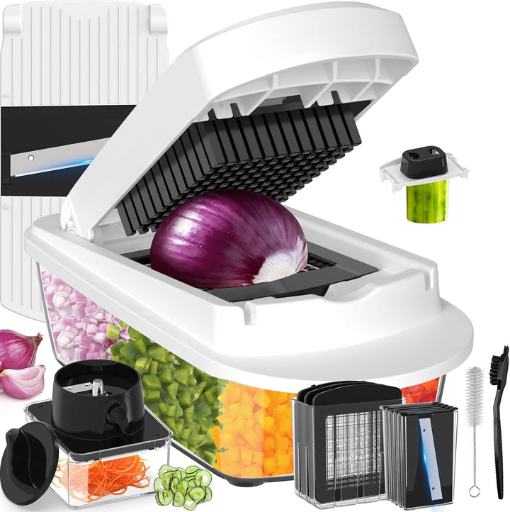12-Blade Cook Tool & Gadget Sets, Chopper Slicer Grater Set, White | Vegetable Chopper Mandoline Slicer Food Grater with Container for Onion, Veggie Salad