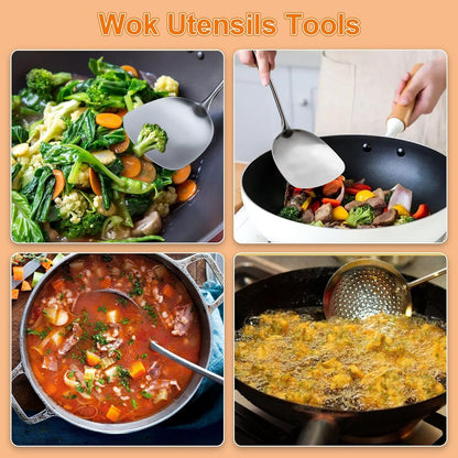 Wok Spatula and Ladle,Skimmer Ladle Tool Set, 17Inches Spatula for Wok, 304 Stainless Steel Cooking Utensils4