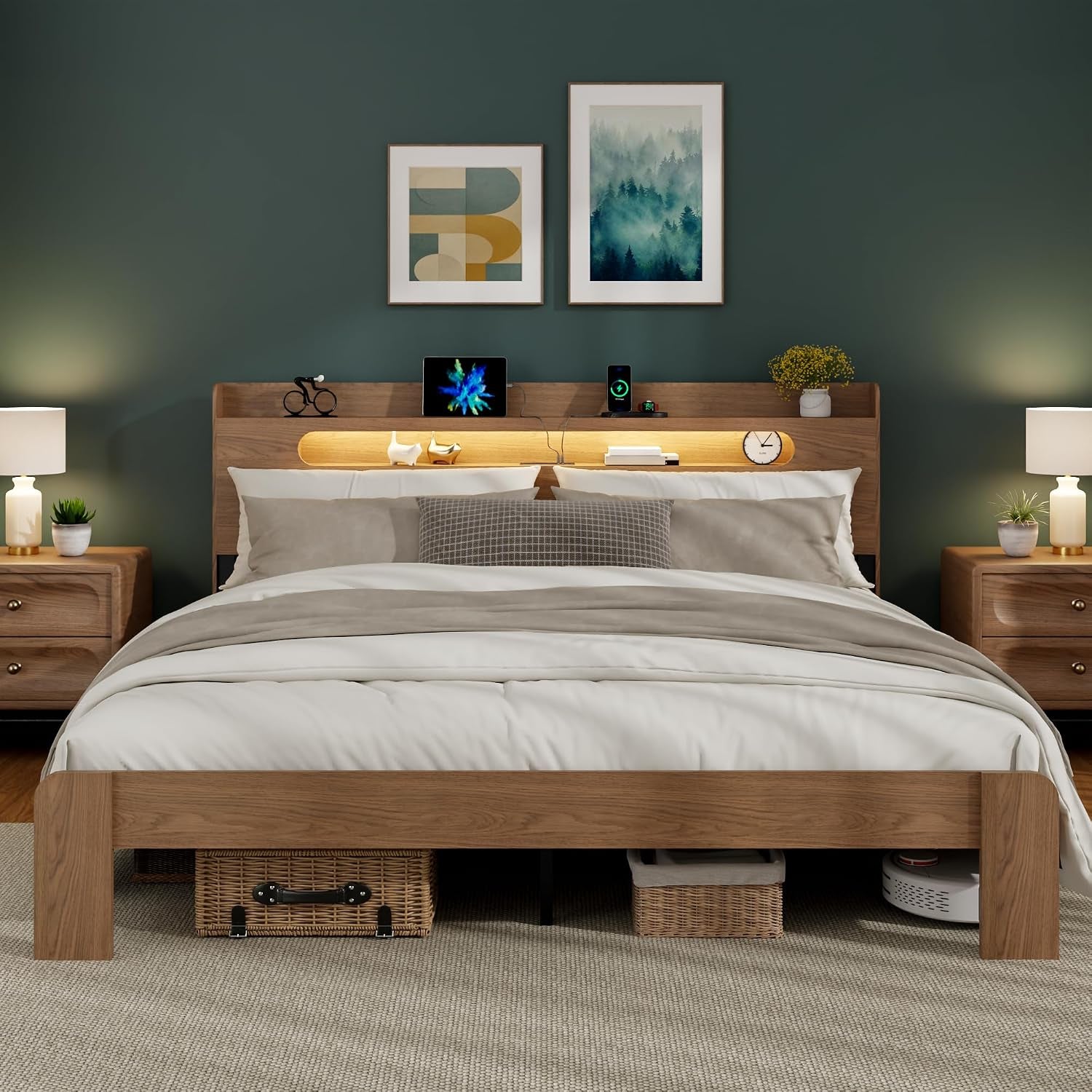 king-size-wood-bed-frame-with-2-tier-shelf-headboard-walnut