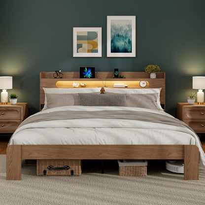 King Size Wood Bed Frame with 2-Tier Shelf Headboard, Walnut3