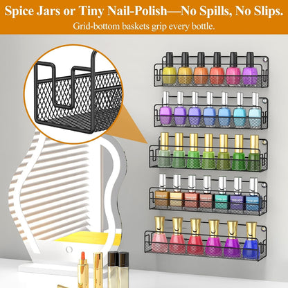Wall Mounted Spice Rack Organizer, Pantry Door Organizer & Hanging Storage Baskets, Metal Spice Shelf for Kitchen Cabinet, 3 Depth Sizes Hold Large Jars to Nail Polish Bottles, 5 Pack3