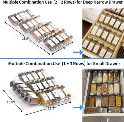 Clear Acrylic Spice Drawer Organizer, 4 Tier- 2 Set Expandable from 9" to 18" Seasoning Jars Drawers Insert, Kitchen Spice Rack Tray for Drawer/Countertop (Jars Not Included)3