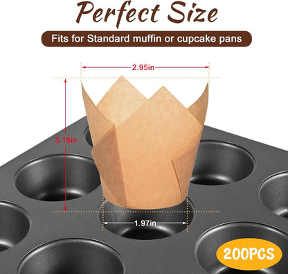 Natural Tulip Cupcake Liners for Baking 200 Cups, Unbleached Parchment Paper Muffin Liners, Upgraded Standard Cupcake Wrappers, Greaseproof Cup Cake Liner, Easy to Use in Party, Birthday, Christmas2