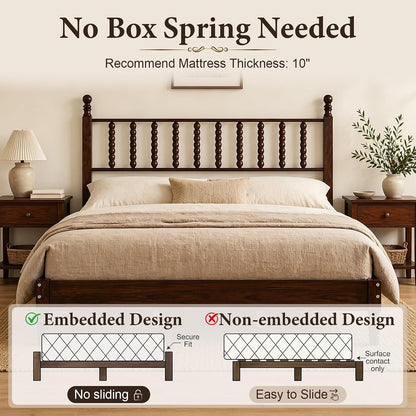 Walnut Vintage Wood Bed Frame Queen Size with Spindle Headboard4