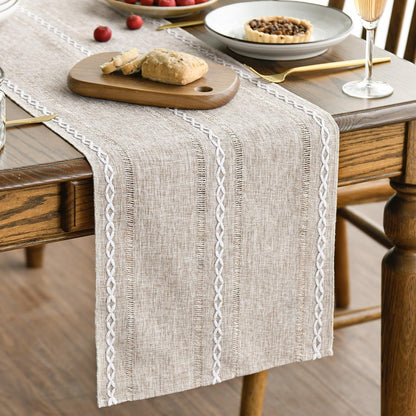 Brown Rustic Cotton Linen Table Runner, Seasonal Embroidered Hollow Kitchen Dining Table Decoration for Home Party Decor 13X72 Inch1