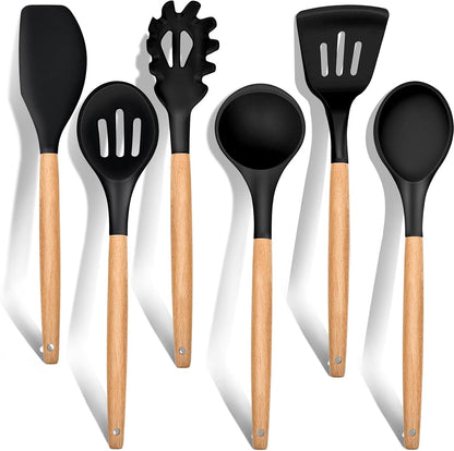 Cooking Utensils Set of 6, Silicone Kitchen Utensils with Wooden Handle, Non-Stick Cookware Friendly & Heat Resistant, Includes Spatula/Ladle/Slotted Turner/Serving Spoon/Spaghetti Server(Black)1