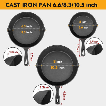 Pre-Seasoned Cast Iron Skillet Set - 3 Piece Frying Pan with Heat-Resistant Handles (6, 8, 10 Inch) for Frying, Saute, Pizza, Oven Safe (Black)2