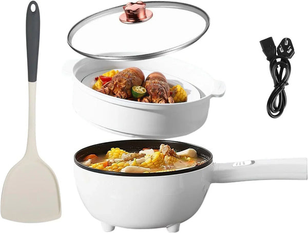 Electric Hot Pot with Steamer Rack, 3L, Non-Stick, White | Dual Power 600W/1000W, Clear Glass Lid, Overheat Protection, Includes Spatula, Serves 3-5 People1
