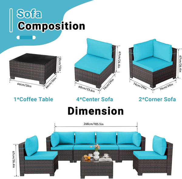 7Pcs Outdoor Patio Furniture Sets,Rattan Conversation Sectional Set,Manual Weaving Wicker Patio Sofa with Tea Table2