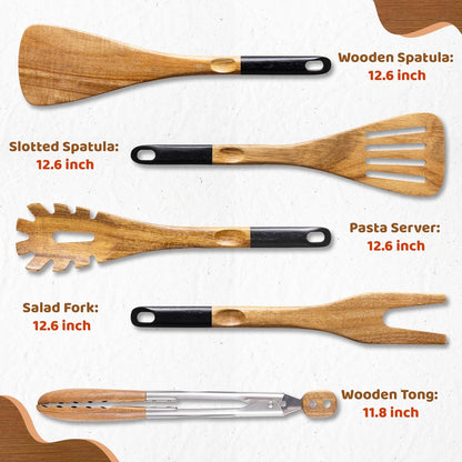 Wood Cooking Utensils Set, 5 PCS Wooden Spoons for Cooking Includes Stainless/Wood Kitchen Tongs, Non-Stick Wooden Utensil Set with Innovative Finger Groove & Non-Slip Notch Design, Black8