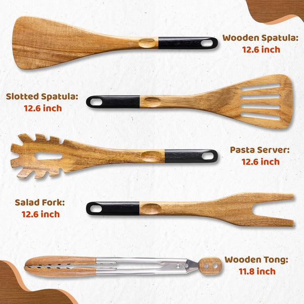 Wood Cooking Utensils Set, 5 PCS Wooden Spoons for Cooking Includes Stainless/Wood Kitchen Tongs, Non-Stick Wooden Utensil Set with Innovative Finger Groove & Non-Slip Notch Design, Black8