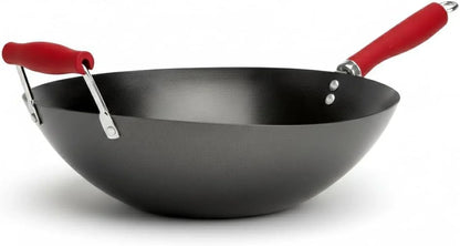 14 Inch Red Wok with Flat Bottom, Carbon Steel Stir Fry Pan with Wooden Handle, Deep Cooking Wok for Gas, Electric & Induction Stovetops1