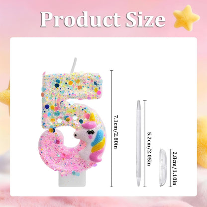Unicorn Number 5 Birthday Candles - Glittering Birthday Cake Topper, Pink & Gold Sparkle Number Candle for Cartoon Theme Birthday Party Decorations (Unicorn, Number 5)3