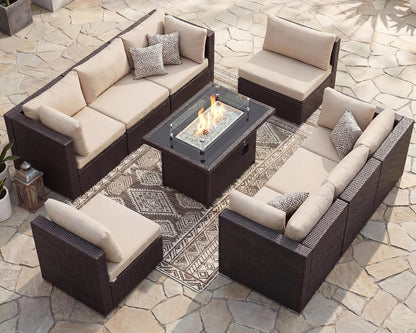 9 Piece Outdoor Patio Set with Fire Pit, Brown & Beige2