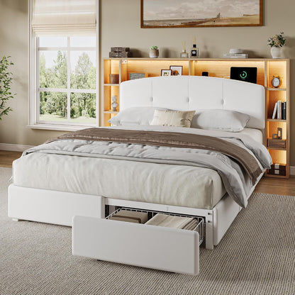 Full Bed Frame with 5-Tier Storage Headboard & 4 Large Drawers, Curved Velvet Upholstered Platform Bed Frame with Charging Station & LED Lights, Heavy Duty Slats Support, Noise-Free, White1