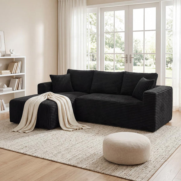 92.5" Modular Sectional Sofa, L-Shaped Cloud Couch with Deep Seats and Chaise, Upholstered Corduroy Boneless Couch for Living Room Small Space, No Need Assembly - Black(Left Facing Chaise)1