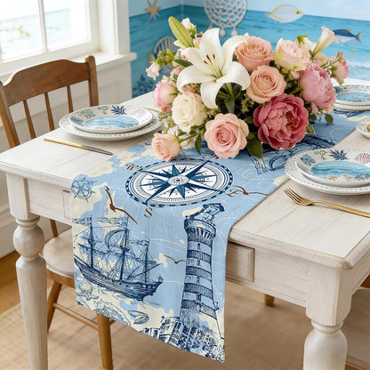 Coastal Nautical Table Runner, Teal Blue, 13" X 71", Nautical | Linen Farmhouse, Coffee Table Runner, Kitchen Dinner, Ocean Nautical Decor5