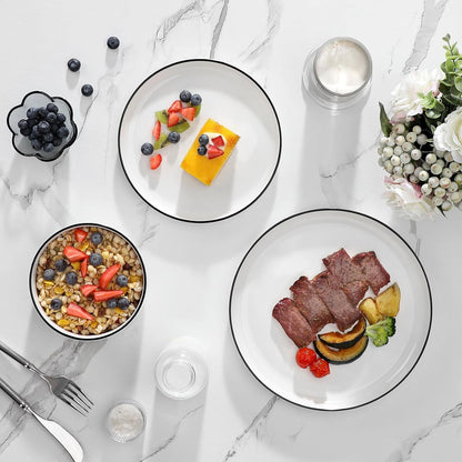 Plates and Bowls Sets, 12 Pieces Modern Porcelain Dinnerware Set for 4 White Kitchen Dinner Dining Ware Set Wtih Black Rim Ceramic Dishware Dishes Microwave and Dishwasher Safe, Series LUNA6