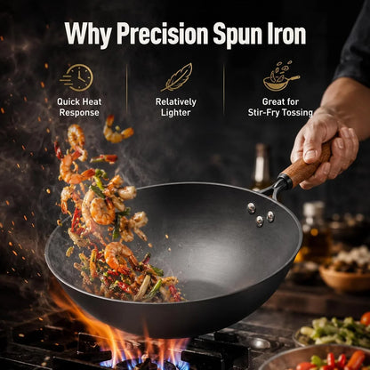 Carbon Steel Wok with Glass Lid, 12.6 Inch Flat Bottom Stir Fry Pan, Rolled Edge Spun Wok Pan, Coating-Free Wok for Induction, Gas & Electric Cooktops, 3–4 Servings4