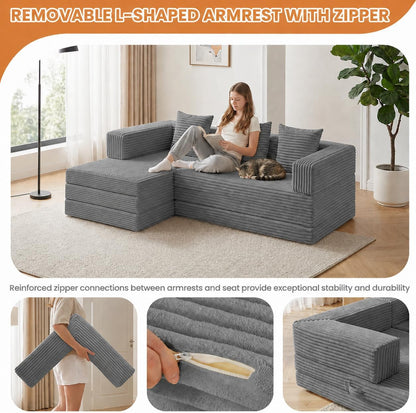 79" Modular Sectional Sofa, Boneless Convertible Sleeper Sofa Bed, Modern Tri-Folding Cloud Couch with L-Shape Chaise, Corduroy Futon for Living Room Small Spaces Apartment, No Assembly,Grey6