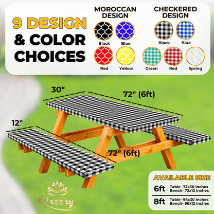 Vinyl Fitted Picnic Table Cover with Bench Covers & Bag 6Ft Black Checkered |  Outdoor Waterproof, Windproof Tablecloth with Elastic Edges. Camping RV Gear Campers Must Have 72X30 Inches2