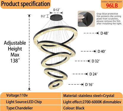 Large 5 Ring Chandelier Modern Dimmable Led Ring Chandeliers for Living Room Dining Room Height Adjustable Black round Crystal Pendant Lighting MAX D48In3