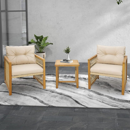 3 Pieces Acacia Wood Patio Furniture Set, PE Wicker Bistro Set with Cushioned Chairs and Coffee Table, Outdoor Conversation Set for Porch, Deck, Balcony, Backyard (Beige)3