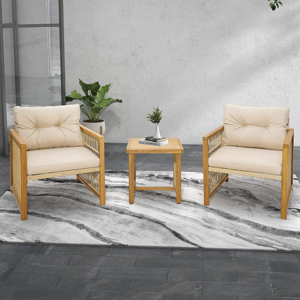 3 Pieces Acacia Wood Patio Furniture Set, PE Wicker Bistro Set with Cushioned Chairs and Coffee Table, Outdoor Conversation Set for Porch, Deck, Balcony, Backyard (Beige)3