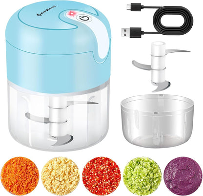 EASYSPEED Electric Garlic Chopper 1Cup, Mini USB Charging Wireless Food Processor with 304 Stainless Steel, 3 Sharp Blades, Portable Kitchen Meat Grinder for Onion, Garlic, Ginger, Chili,Blue2