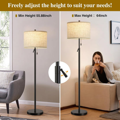 Black Floor Lamp, Height Adjustable Standing Lamp Tall Lamp with Fabric Lampshade&Pull Chain Corner Floor Lamps for Living Room, Bedroom & Office Bulbs Not Included(Black Base)2