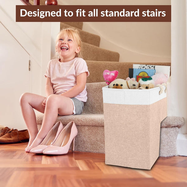 Stair Baskets for Carpeted and Wooden Stairs – 16”L X 10”W X 16”H Foldable Staircase Basket with Handles, Stair Step Storage Organizer (Warm Beige and White)2