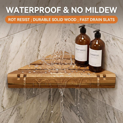 3 Pack Acacia Wood Corner Shower Shelf, Triangular Wooden Bathroom Organizer & Wall Floating Shelves, No Drilling Corner Caddy Storage for Tiled Wall, Kitchen, Living Room2