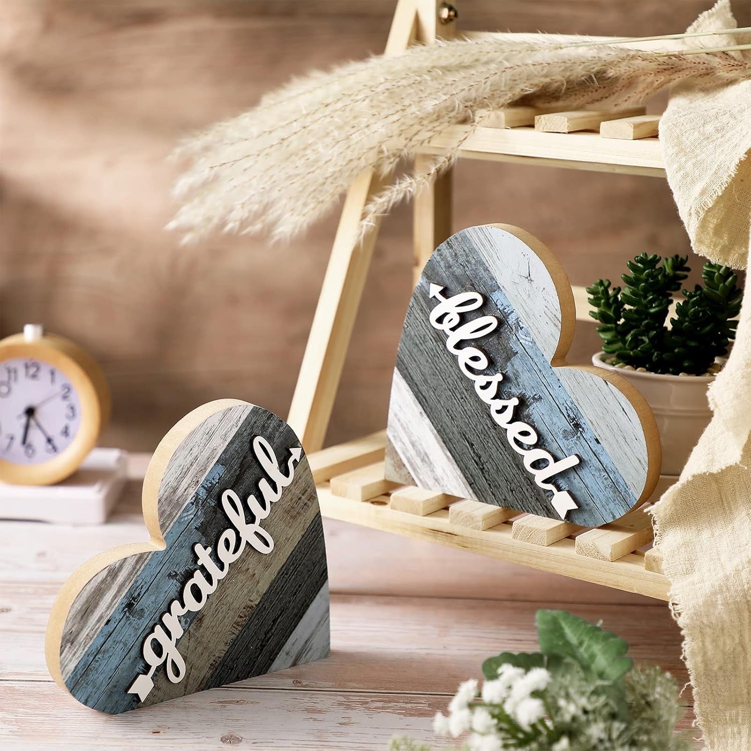 2-pcs-rustic-wooden-heart-block-home-decor-grateful-style-decoration-for-shelves-table-centerpiece-for-mantel-blessed-blue-accent-decorative-plaques-for-home-living-room-gift