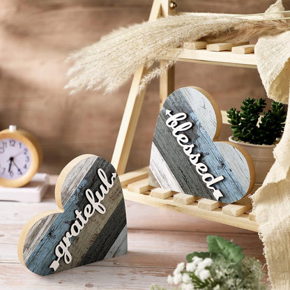 2 Pcs Rustic Wooden Heart Block Home Decor, Grateful Style | Decoration for Shelves, Table Centerpiece for Mantel, Blessed Blue Accent, Decorative Plaques for Home Living Room Gift6