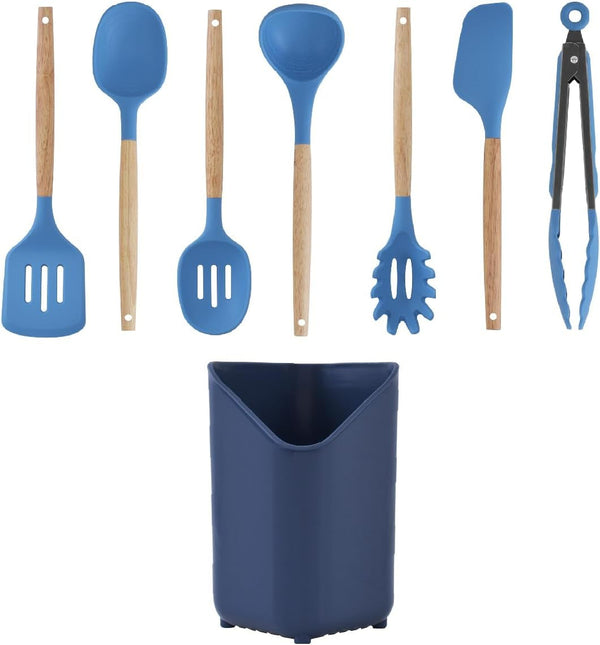 Silicone Kitchen Utensils Set, 8Pcs - Nonstick Cooking Tools with Wooden Handles and Utensil Holder - Spatula Set with Turner, Ladle, Spoons, Tongs, and Spaghetti Server - Blue3