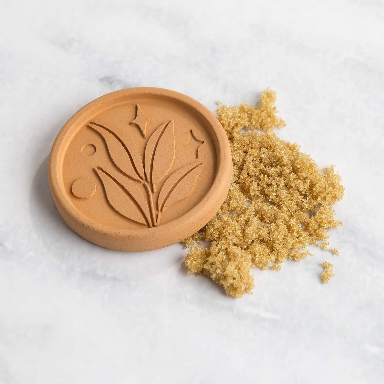 brown-sugar-saver-and-softener-disc-with-elegant-leaf-design-multiple-uses-for-food-storage-containers-reusable-and-food-safe-terracotta-2-pack