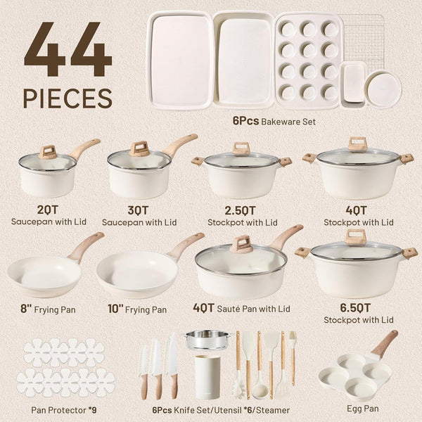 44Pcs Pots and Pans, Nonstick Cookware Sets with Bakeware | Induction Cooking Set with Kitchen Knife Set & Egg Pan, Durable, Easy Clean, Even Heating2