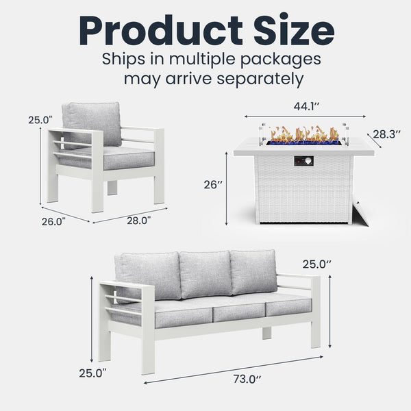 4 Pieces Modern Aluminum Patio Furniture Set with Fire Pit Table, Outdoor Conversation Sets Metal Sectional Sofa7