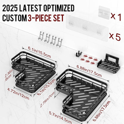 Large Capacity Shower Caddy, Heavy-Duty Adhesive Shower Organizers with Custom Aesthetic Design Soap, No Drilling Corner Shower Shelves, 5 Hooks for Bathroom Accessories - 3 Pack2