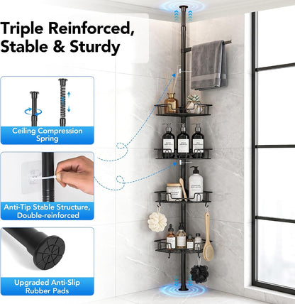 Corner Shower Caddy Tension Pole, Triple Stability 4-Tier Bathroom Rack3