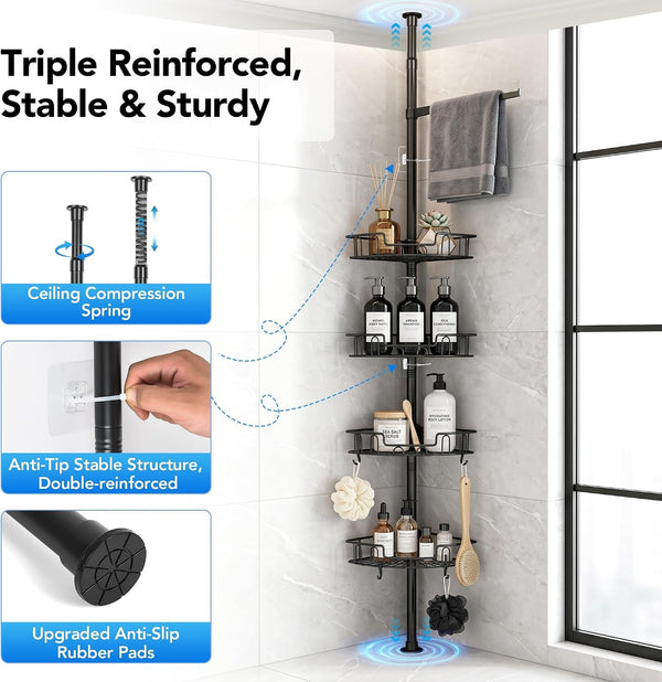 Corner Shower Caddy Tension Pole, Triple Stability 4-Tier Bathroom Rack3