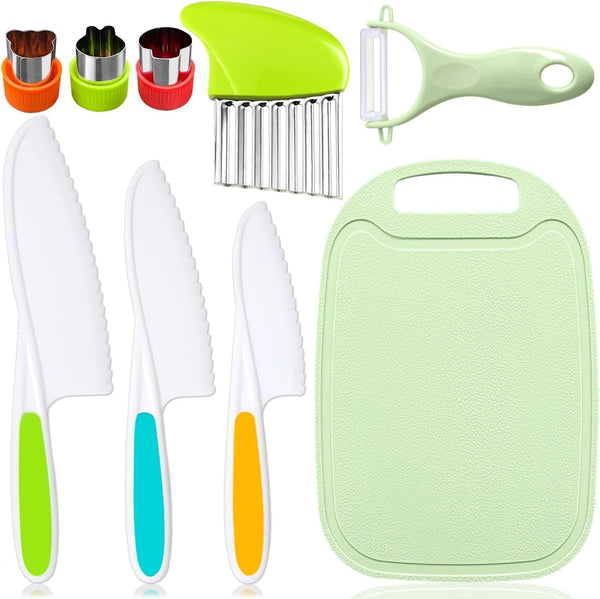 9 Pcs Kids Kitchen Knife Set, Kids Knives for Real Cooking with Cutting Board, Y Peeler, Crinkle Cutter, Sandwich Cutter, Serrated Edges Plastic Toddler Knife Kid Safe Knives1