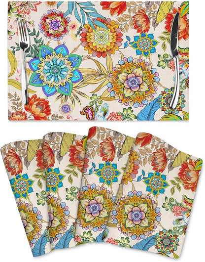 Boho Floral Placemats Set of 4 Linen 12"X18" Colorful Flowers Table Mats for Kitchen Dining Table Holiday Party Heat Resistant Washable Spring Summer Farmhouse Bohemian Mandala Place Mats1