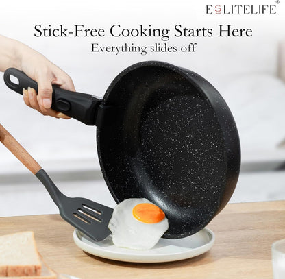 Nonstick Ceramic Frying Pans Skillets Set with Lids & Detachable Handle, Non-Toxic Egg Omelette Kitchen Cooking Pans Compatible with All Stovetops, PTFE & PFOA Free, Black, 7-Piece5
