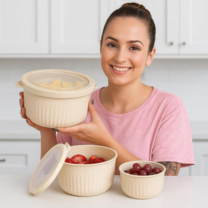 Bowls with Lids, Beige, Set of 3, 7”/5.5”/4.25”4